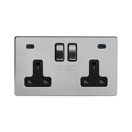 Soho Lighting Brushed Chrome 2 Gang USB C+C Socket (13A Socket + 2 USB C 3.1A Ports) with Black Insert