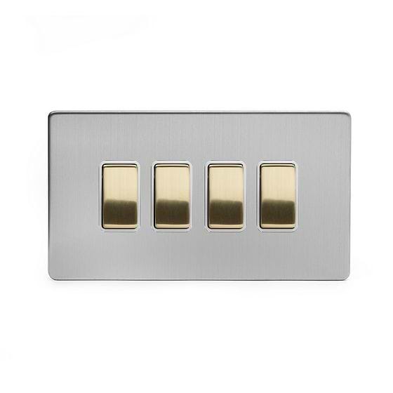 Soho Fusion Brushed Chrome & Brushed Brass 10A 4 Gang Intermediate Switch White Inserts Screwless