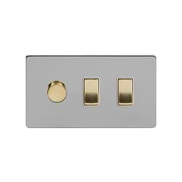 Soho Fusion Brushed Chrome & Brushed Brass 3 Gang Light Switch with 1 dimmer (2 x 2 Way Switch & Trailing Dimmer) Screwless 