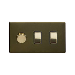 Soho Fusion Bronze with Brushed Brass 3 Gang Light Switch with 1 dimmer (2x 2 Way Switch & Trailing Dimmer) 