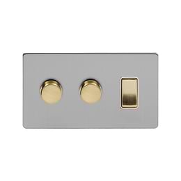 Soho Fusion Brushed Chrome & Brushed Brass 3 Gang Light Switch with 2 Dimmers (2 x 2 Way Switch & 2 x Trailing Dimmer) 