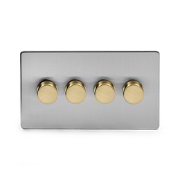 Soho Fusion Brushed Chrome & Brushed Brass 4 Gang Intelligent Trailing Dimmer Screwless 150W LED (300w Halogen/Incandescent)