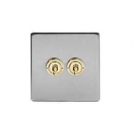 Soho Fusion Brushed Chrome & Brushed Brass 20A 2 Gang 2 Way Toggle Switch Screwless