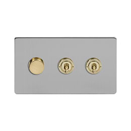 Soho Fusion Brushed Chrome & Brushed Brass 3 Gang Switch with 1 Dimmer (1x150W LED Dimmer 2x20A 2 Way Toggle) 