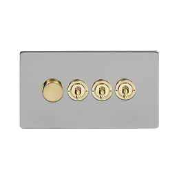 Soho Fusion Brushed Chrome & Brushed Brass 4 Gang Switch with 1 Dimmer (1x150W LED Dimmer 3x20A 2 Way Toggle) 