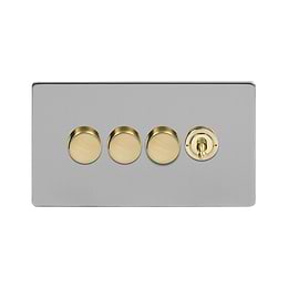 Soho Fusion Brushed Chrome & Brushed Brass 4 Gang Switch with 3 Dimmers (3x150W LED Dimmer 1x20A 2 Way Toggle) 