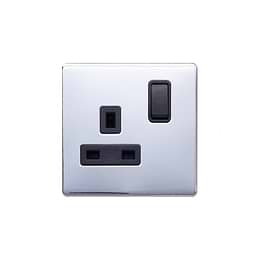 Lieber Polished Chrome 13A 1 Gang Switched Socket, Double Pole - Black Insert Screwless
