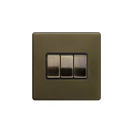 The Eton Collection Bronze 10A 3 Gang Intermediate Switch Black Inserts Screwless