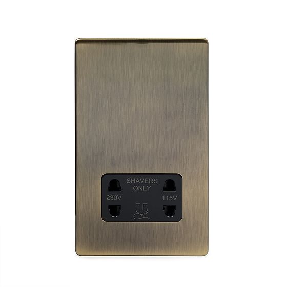 The Charterhouse Collection Aged Brass Shaver Socket Dual Voltage 115/230v Blk Ins Screwless