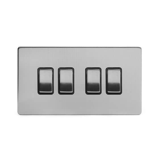 The Lombard Collection Brushed Chrome 4 Gang 2 Way 10A Light Switch Blk Ins Screwless