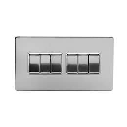 Brushed Chrome 10A 6 Gang 2 Way Switch With White insert