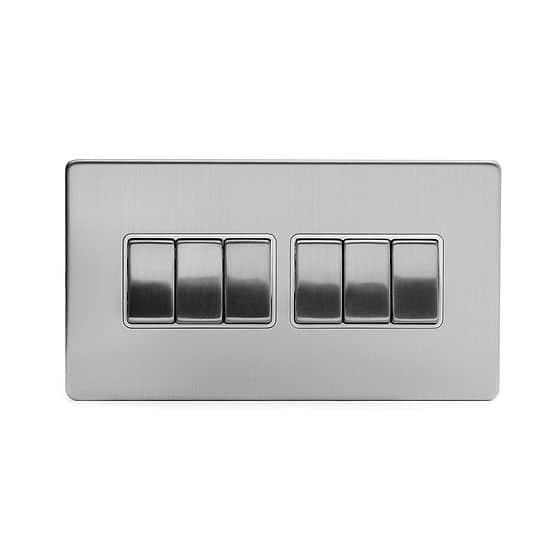 The Lombard Collection Brushed Chrome 6 Gang 2 Way 10A Light Switch Wht Ins Screwless