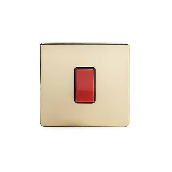 The Savoy Collection Brushed Brass 45A 1 Gang Double Pole Switch Single Plate Blk Ins Screwless