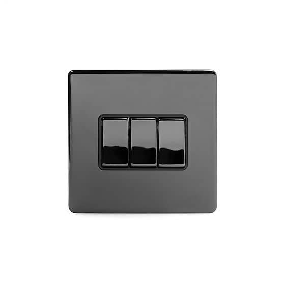 The Connaught Collection Black Nickel 3 Gang 2 Way 10A Light Switch Blk Ins Screwless