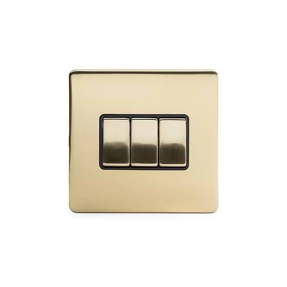 The Savoy Collection Brushed Brass 3 Gang Intermediate switch Blk Ins Screwless			