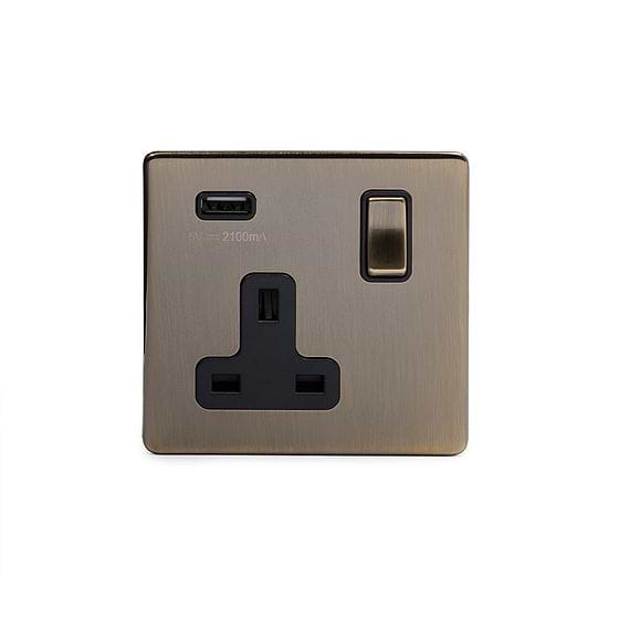 The Charterhouse Collection Antique Brass 13A 1 Gang Double Pole Switched USB-A Socket (USB Output 2.1amp)