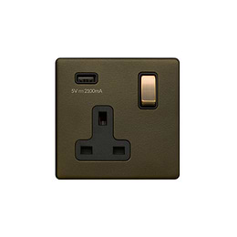 The Eton Collection Bronze 13A 1 Gang DP USB-A Socket (USB 2.1amp) Black Inserts Screwless