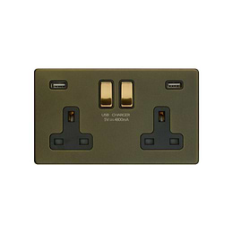 Soho Fusion Bronze & Brushed Brass 13A 2 Gang DP USB-A Socket (USB 4.8amp) Black Inserts Screwless