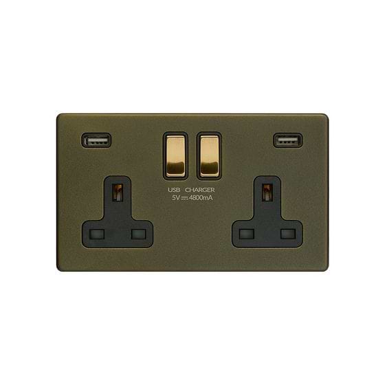 Soho Fusion Bronze & Brushed Brass 13A 2 Gang DP USB-A Socket (USB 4.8amp) Black Inserts Screwless