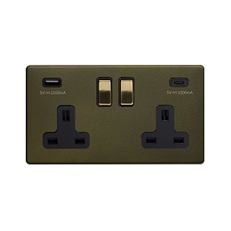 Soho Fusion Bronze & Brushed Brass 2 Gang USB  A+C Socket (13A Socket + 2 USB Ports A+C 3.1A)