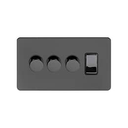 Soho Lighting Black Nickel Flat Plate 4 Gang Switch with 3 Dimmers (3x150W LED Dimmer 1x20A Switch)