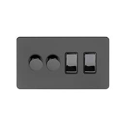 Soho Lighting Black Nickel Flat Plate 4 Gang Switch with 2 Dimmers (2x150W LED Dimmer 2x20A Switch)