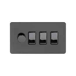 Soho Lighting Black Nickel Flat Plate 4 Gang Switch with 1 Dimmer (1x150W LED Dimmer 3x20A Switch)