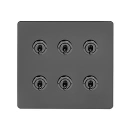 The Connaught Collection Black Nickel Flat Plate 6 Gang Toggle Light Switch 20A 2 Way Screwless