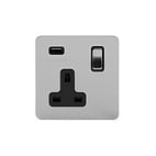 Soho Lighting Brushed Chrome Flat Plate 13A 1 Gang DP USB Switched Socket (USB Output 2.1amp) Blk Ins Screwless