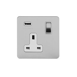 Soho Lighting Brushed Chrome Flat Plate 13A 1 Gang DP USB Switched Socket (USB Output 2.1amp) Wht Ins Screwless