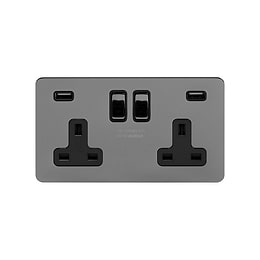 Soho Lighting Black Nickel Flat Plate 13A 2 Gang DP USB Switched Socket (USB Output 4.8amp) Blk Ins Screwless