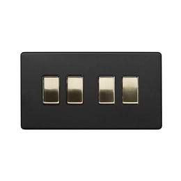 Soho Fusion Matt Black & Brushed Brass 10A 4 Gang Intermediate Switch Black Insert Screwless
