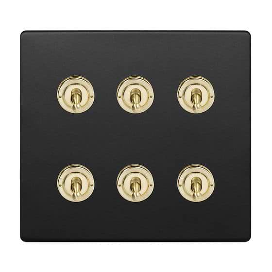 Soho Fusion Matt Black & Brushed Brass 6 Gang Toggle Light Switch 20A 2 Way Screwless