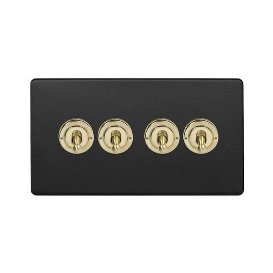 Soho Fusion Matt Black & Brushed Brass 20A 4 Gang Intermediate Toggle Screwless