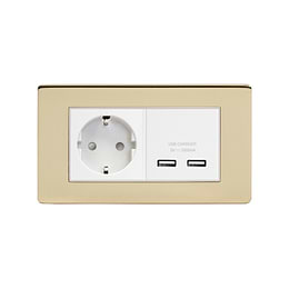 The Savoy Collection Brushed Brass 2 Gang European Schuko Socket with USB Wht Ins Screwless