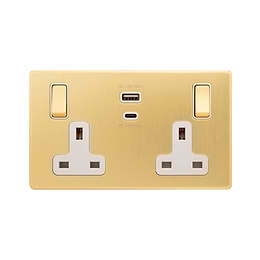 The Savoy Collection Brushed Brass with White Insert 13A 2 Gang Super Fast Charge 45W USB A+C Socket