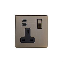 Soho Lighting Antique Brass 1 Gang USB C+C Socket (13A Socket + 2 USB C 3.1A Ports) with Black Insert