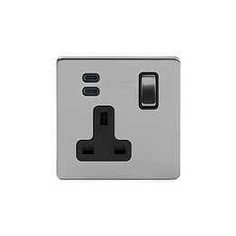 Soho Lighting Brushed Chrome 1 Gang USB C+C Socket (13A Socket + 2 USB C 3.1A Ports) with Black Insert