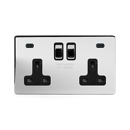 Soho Lighting Polished Chrome 2 Gang USB C+C Socket (13A Socket + 2 USB C 3.1A Ports) with Black Insert