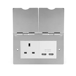Soho Lighting Brushed Chrome Screwless Double Floor Outlet 13Amp Socket & USB Charger - Wht Ins