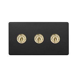 Soho Fusion Matt Black & Brushed Brass 20A 3 Gang 2 Way Toggle Switch Screwless