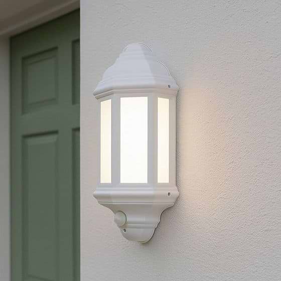 Saxby Halbury White PIR IP44 7W cool white Exterior Lantern Wall Light