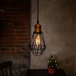 Denman Industrial Vintage Brass Caged Teardrop Pendant Light