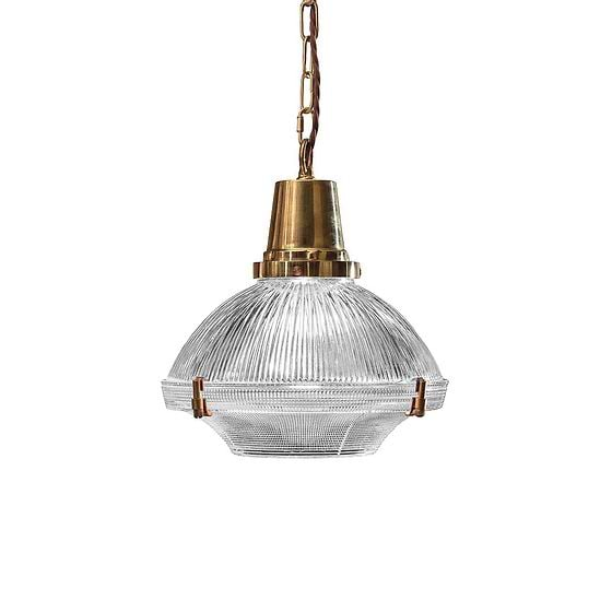 Soho Lighting Hollen Polished Brass Brimmed Dome Holophane Breakfast Bar Pendant Light