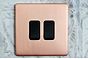 Lieber Brushed Copper 10A 2 Gang 2 Way Switch - Black Insert Screwless