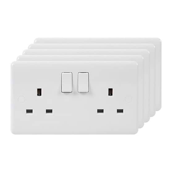 5 Pack - Lieber Silk White 13A 2 Gang DP Switched Socket - Curved Edge