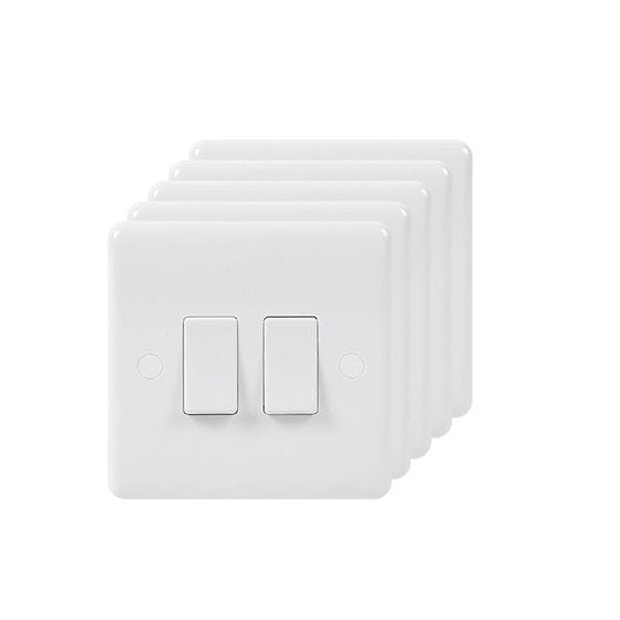 5 Pack - Lieber Silk White 2 Gang 2 Way 10A Light Switch - Curved Edge