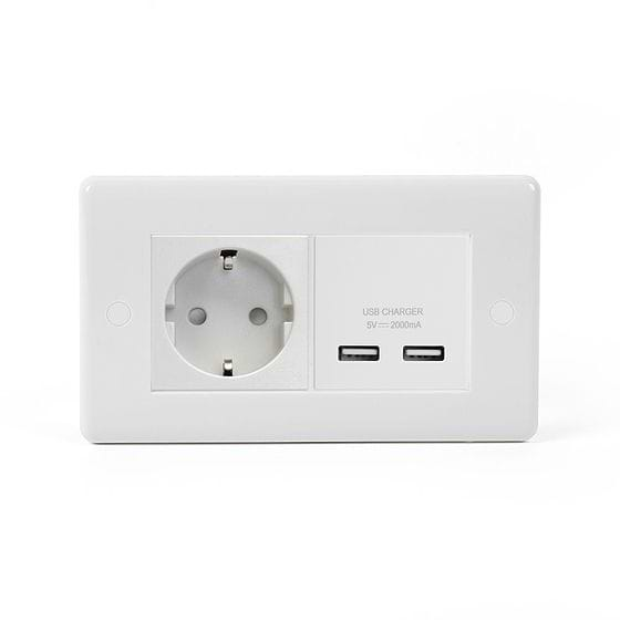 Lieber Silk White 2 Gang 16A European Schuko & USB Socket - Curved Edge