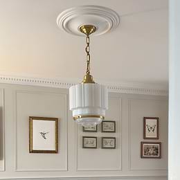 Soho Lighting The Dean Art Deco Aged Lacquered Brass Opal Schoolhouse Kitchen island Pendant Light