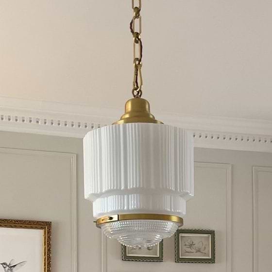 Soho Lighting The Dean Art Deco Aged Lacquered Brass Opal Schoolhouse Kitchen island Pendant Light